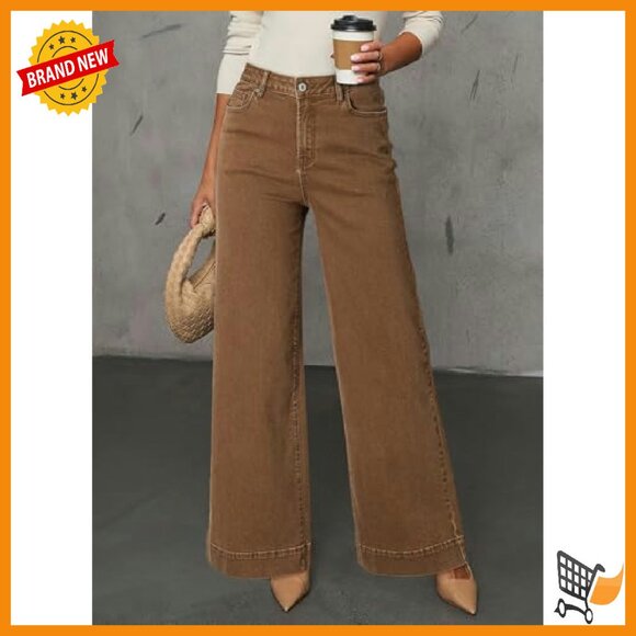 High Waisted Wide Leg Jeans Stretch Denim Pants with Pockets - Picture 3 of 7